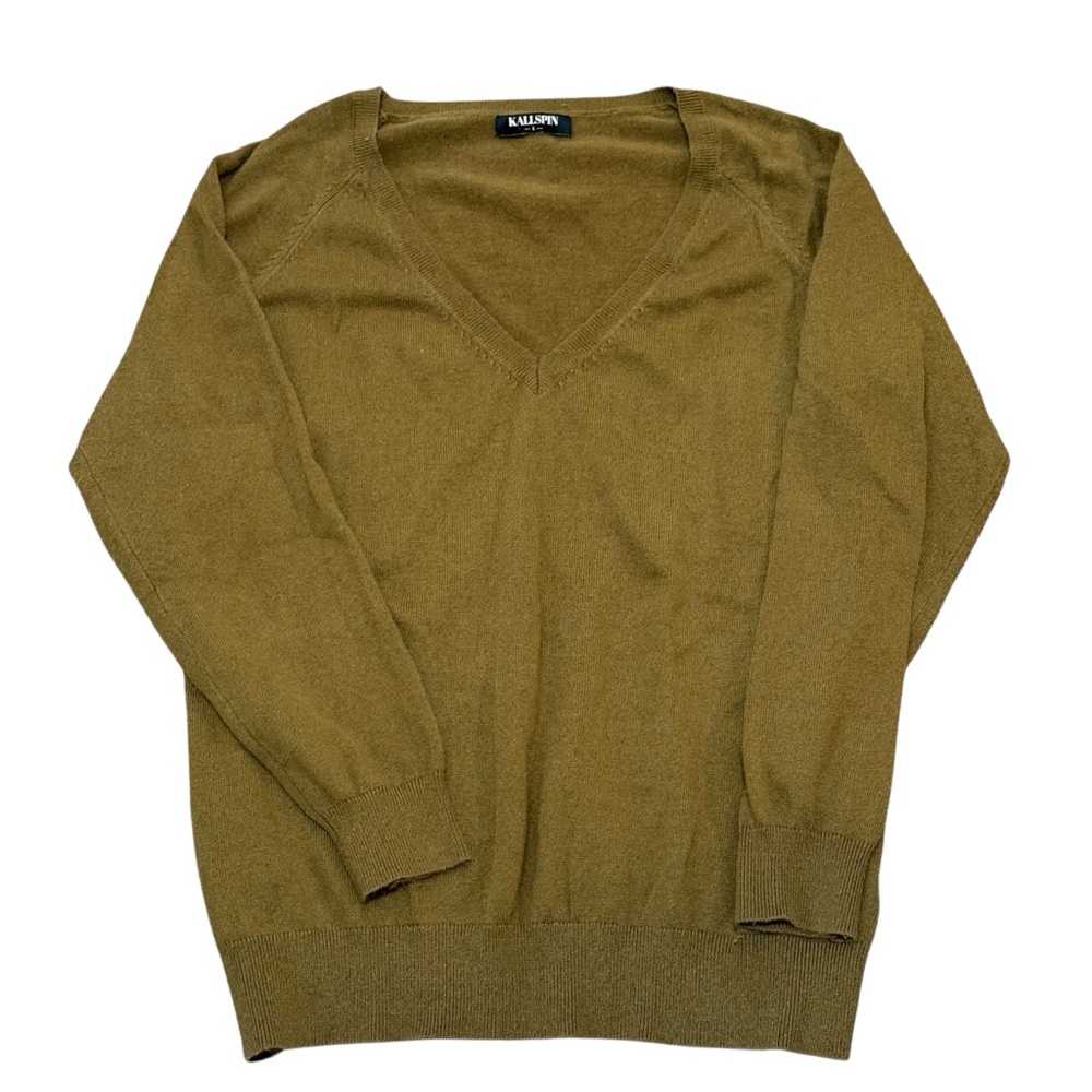 Kallspin men’s large olive green v-neck pullover cashmere wool blend LARGE knit